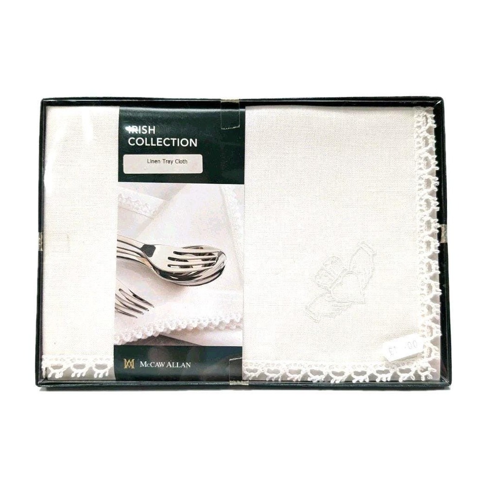 NEW McCAW ALLAN Irish Linen Tray Cloth Claddagh Embroidery White Lace Edge Box
